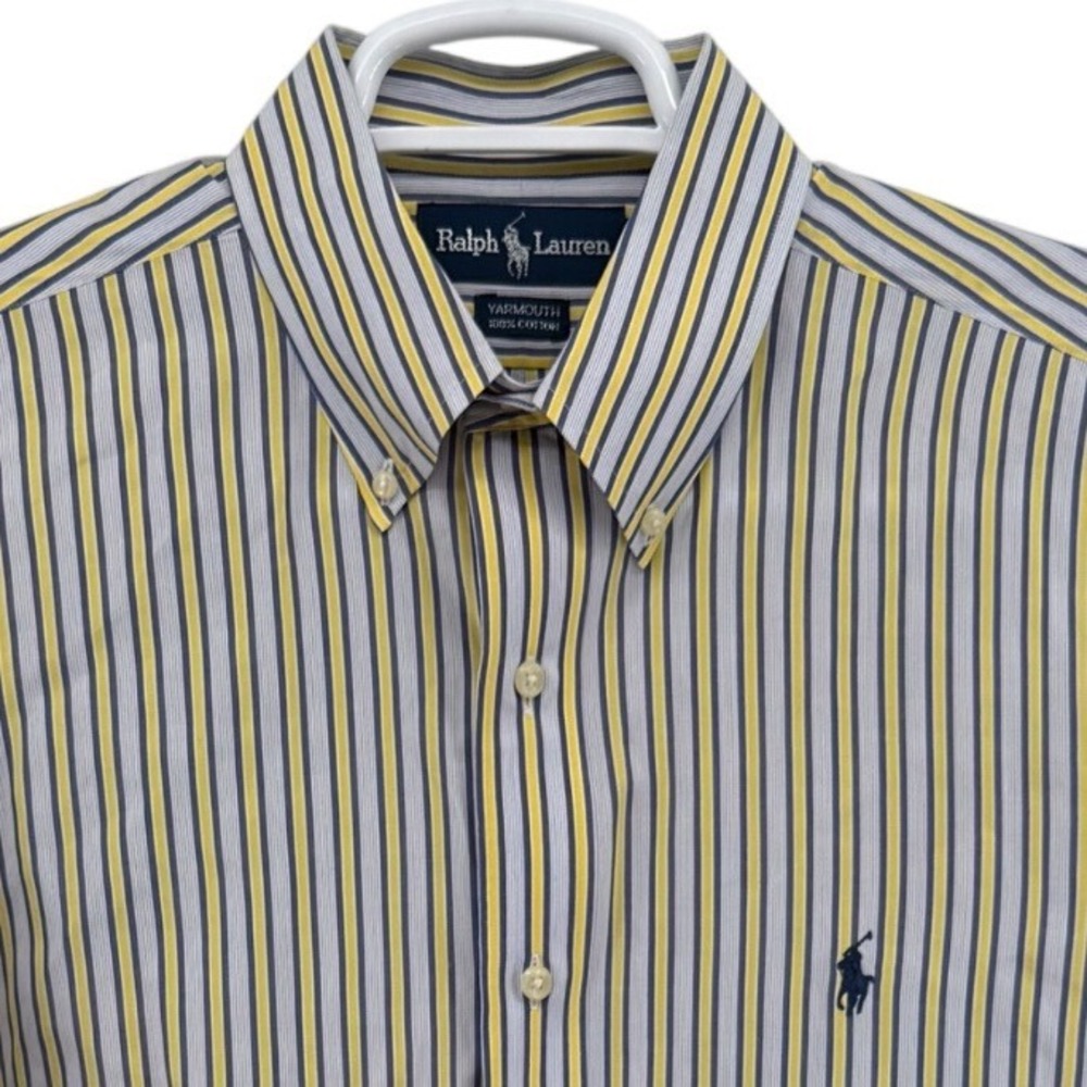 Ralph Lauren Yarmouth Mens 15.5 33 Yellow Navy Striped Cotton Shirt Long SLV